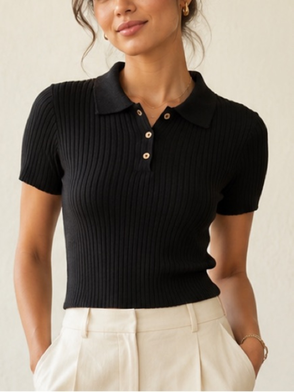 For Days Black Ribbed Cropped Polo Top – Size S